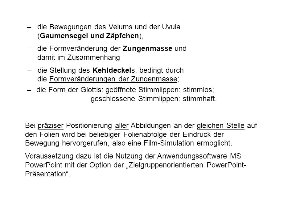 – die Bewegungen des Velums und der Uvula (Gaumensegel und Zäpfchen),