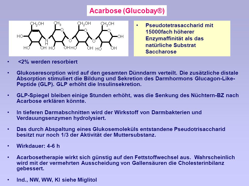 Acarbose (Glucobay®) Pseudotetrasaccharid mit 15000fach höherer Enzymaffinität als das natürliche Substrat Saccharose.