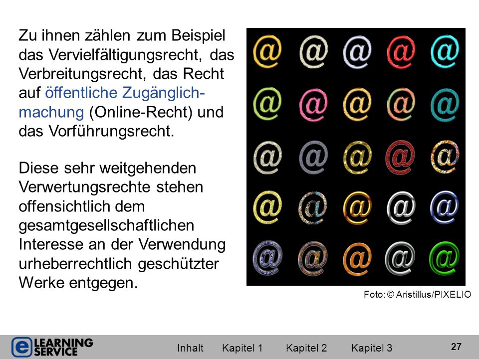 Zu ihnen zählen zum Beispiel das Vervielfältigungsrecht, das Verbreitungsrecht, das Recht auf öffentliche Zugänglich-machung (Online-Recht) und das Vorführungsrecht.