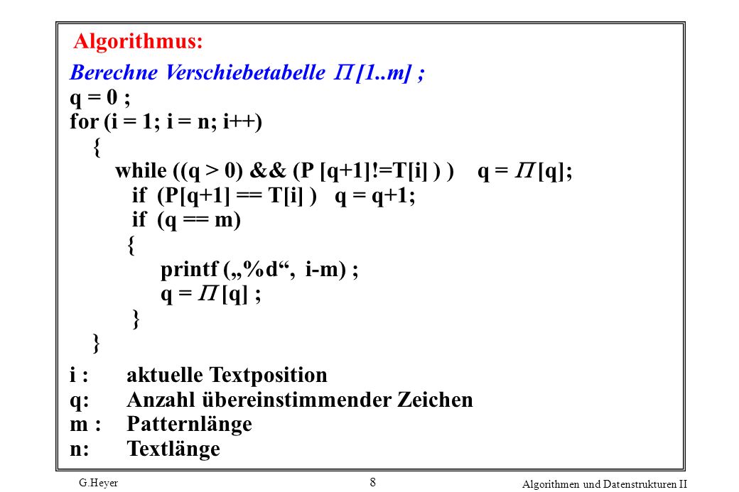 Algorithmus: Berechne Verschiebetabelle P [1..m] ; q = 0 ; for (i = 1; i = n; i++) { while ((q > 0) && (P [q+1]!=T[i] ) ) q = P [q];
