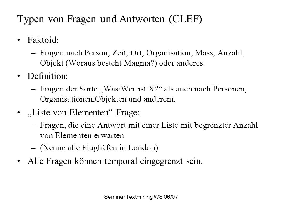 Typen von Fragen und Antworten (CLEF)