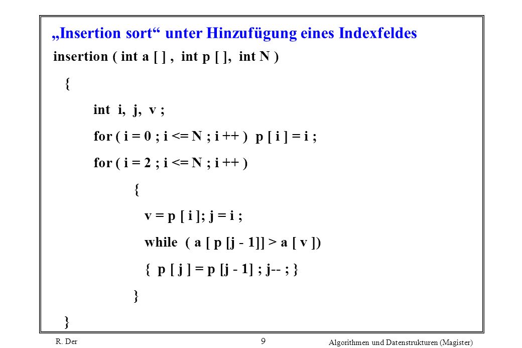 „Insertion sort unter Hinzufügung eines Indexfeldes
