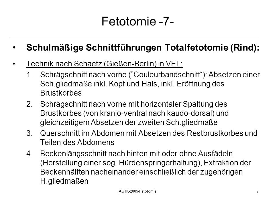 Fetotomie -7- Schulmäßige Schnittführungen Totalfetotomie (Rind):