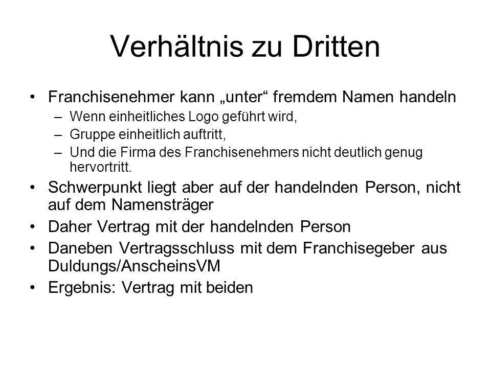 Verhältnis zu Dritten Franchisenehmer kann „unter fremdem Namen handeln. Wenn einheitliches Logo geführt wird,