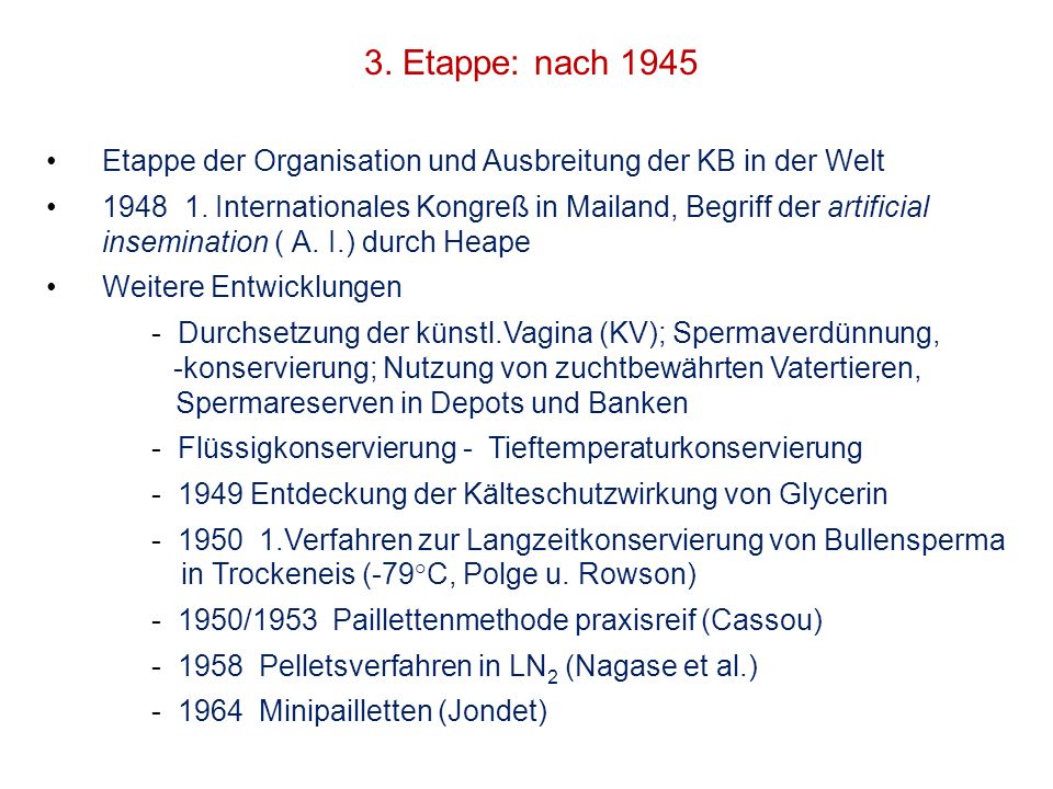 3. Etappe: nach 1945 Etappe der Organisation und Ausbreitung der KB in der Welt.