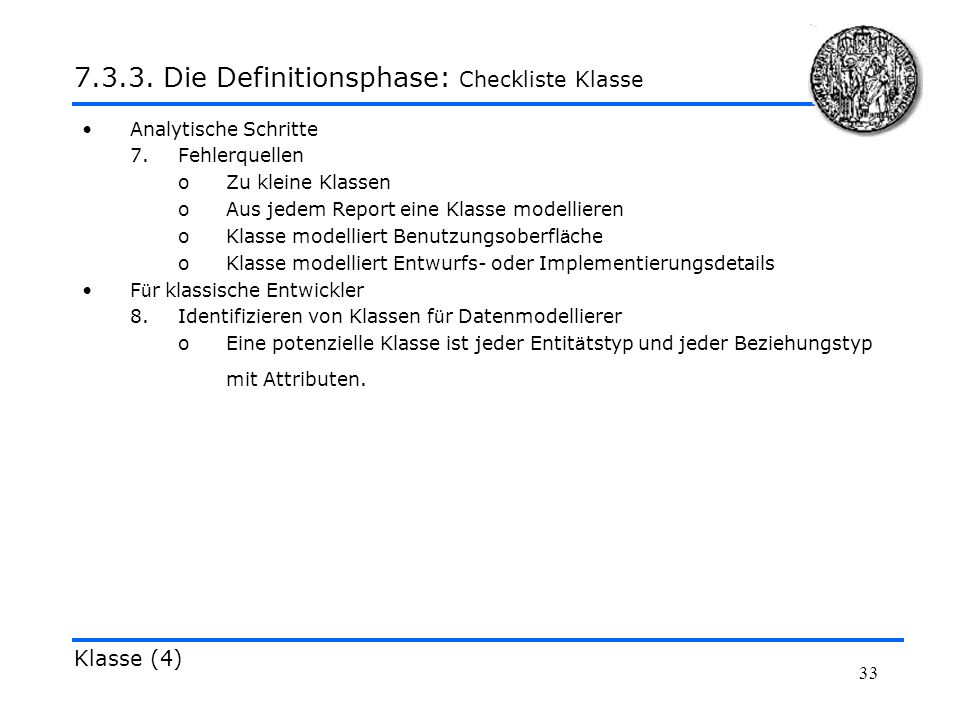 Die Definitionsphase: Checkliste Klasse
