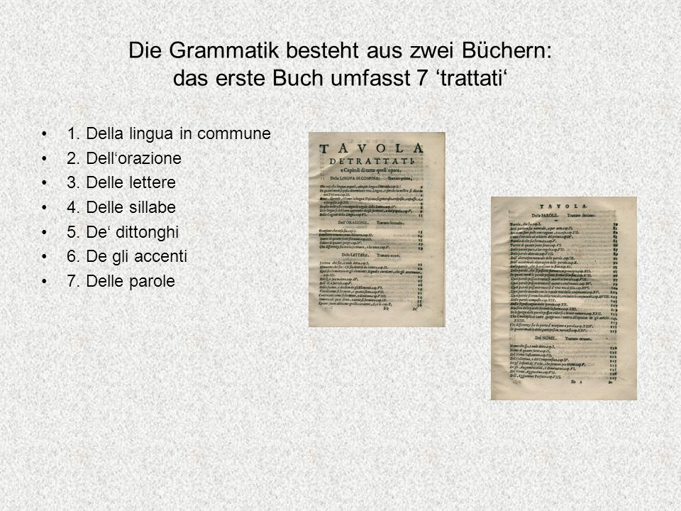 Die Grammatik besteht aus zwei Büchern: das erste Buch umfasst 7 ‘trattati‘