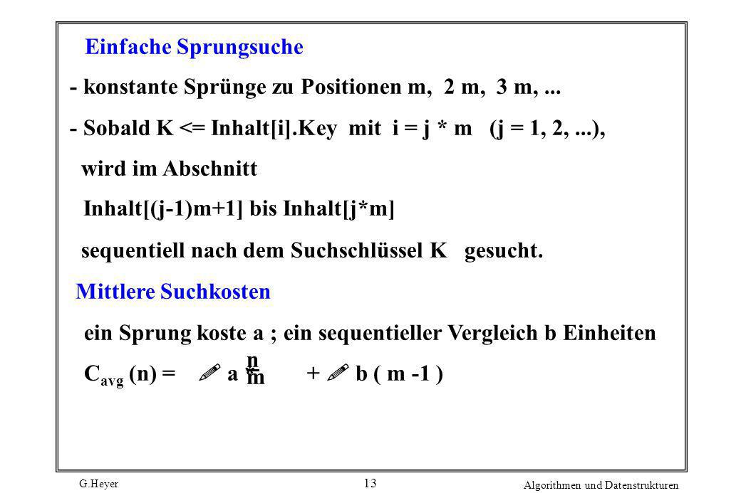 Einfache Sprungsuche - konstante Sprünge zu Positionen m, 2 m, 3 m, Sobald K <= Inhalt[i].Key mit i = j * m (j = 1, 2, ...),