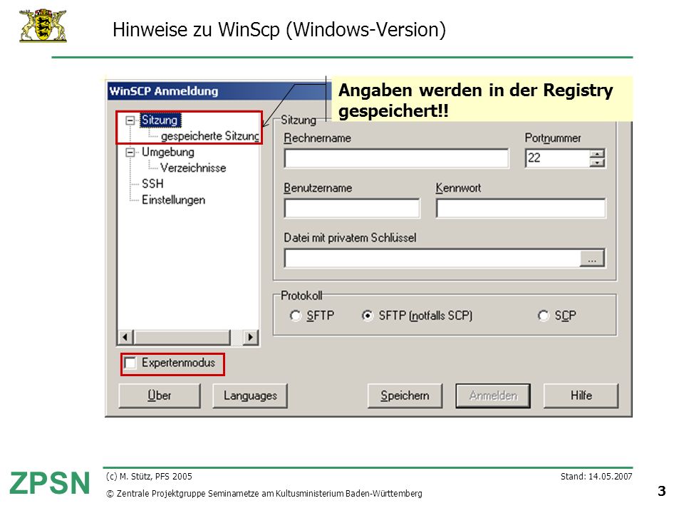 Hinweise zu WinScp (Windows-Version)