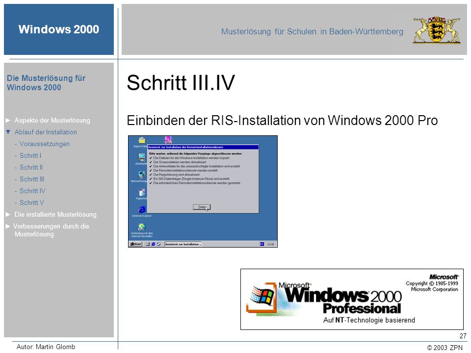 Schritt III.IV Einbinden der RIS-Installation von Windows 2000 Pro