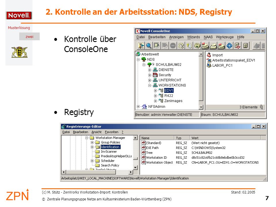 2. Kontrolle an der Arbeitsstation: NDS, Registry