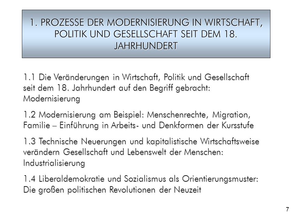 1. PROZESSE DER MODERNISIERUNG IN WIRTSCHAFT, POLITIK UND GESELLSCHAFT SEIT DEM 18. JAHRHUNDERT