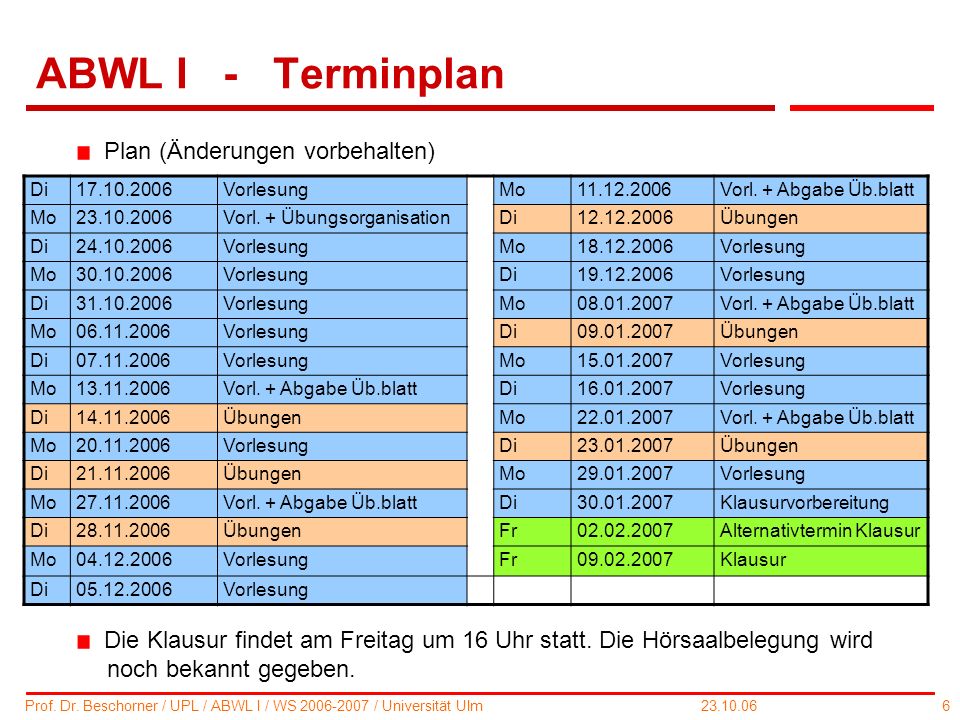 ABWL I - Terminplan Plan (Änderungen vorbehalten)