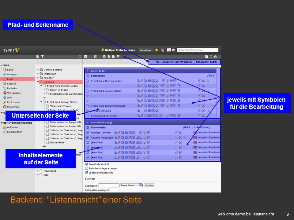 web cms demo be listenansicht