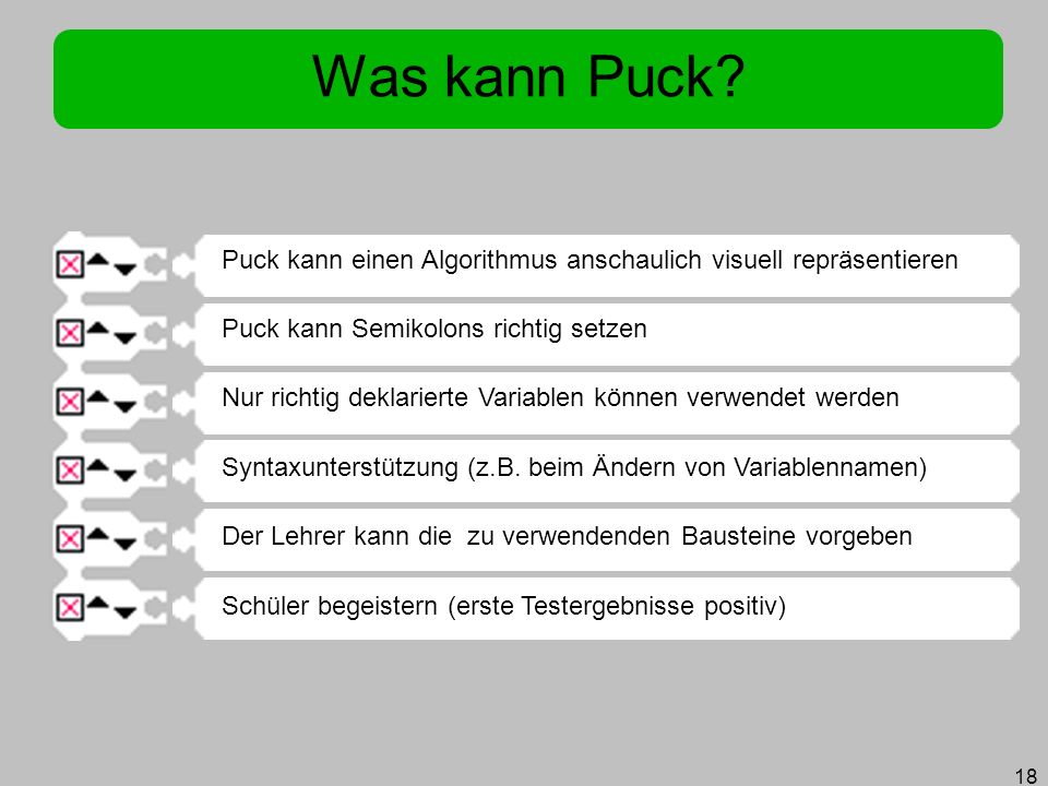 Was kann Puck Puck kann einen Algorithmus anschaulich visuell repräsentieren. Puck kann Semikolons richtig setzen.