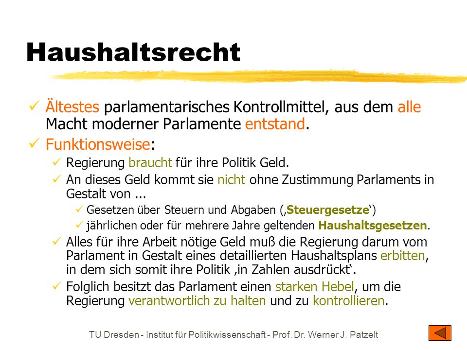 Haushaltsrecht Ältestes parlamentarisches Kontrollmittel, aus dem alle Macht moderner Parlamente entstand.