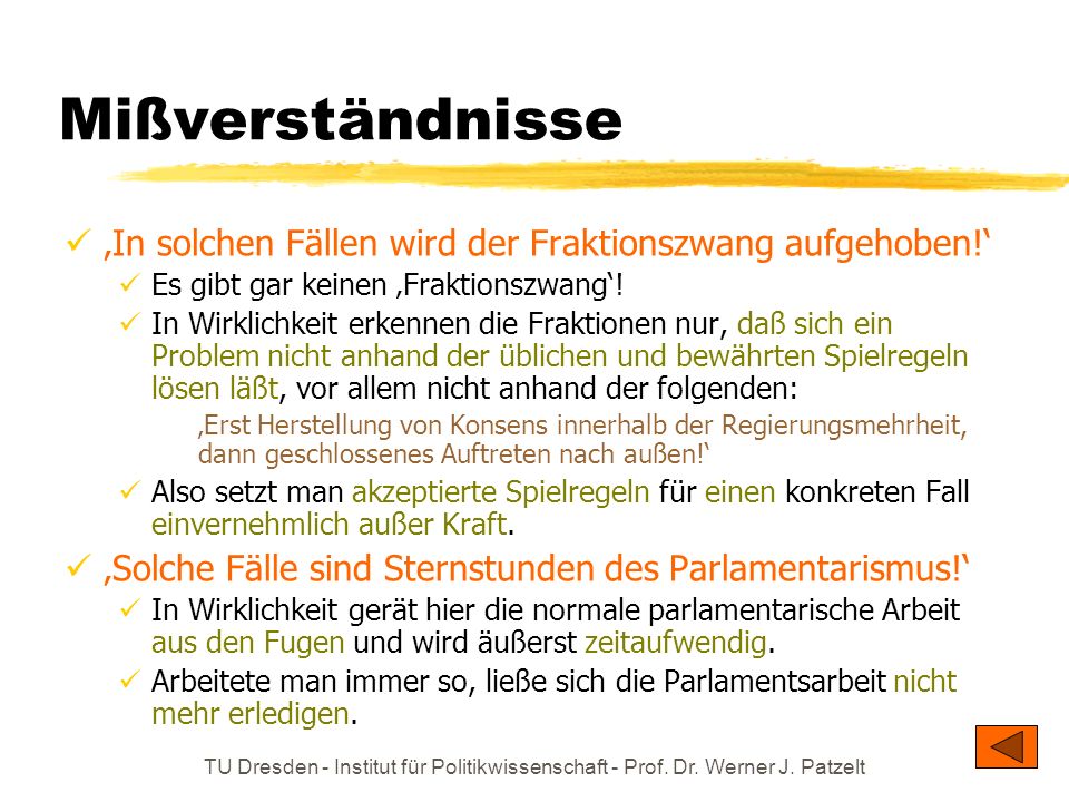 Mißverständnisse ‚In solchen Fällen wird der Fraktionszwang aufgehoben!‘ Es gibt gar keinen ‚Fraktionszwang‘!