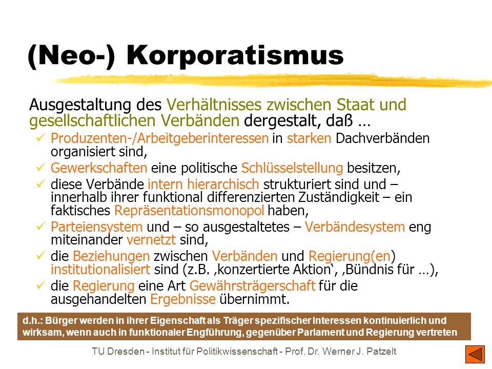 (Neo-) Korporatismus Ausgestaltung des Verhältnisses zwischen Staat und gesellschaftlichen Verbänden dergestalt, daß …