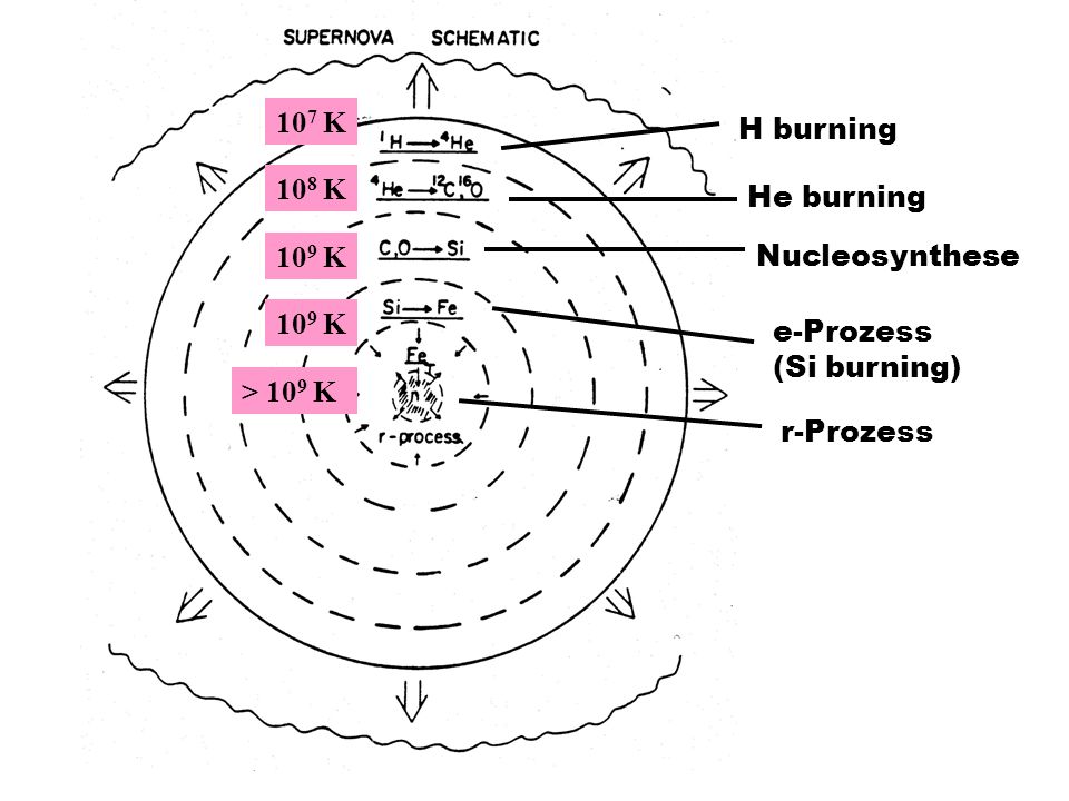 H burning 107 K. He burning. 108 K. Nucleosynthese. 109 K. e-Prozess (Si burning) 109 K. r-Prozess.