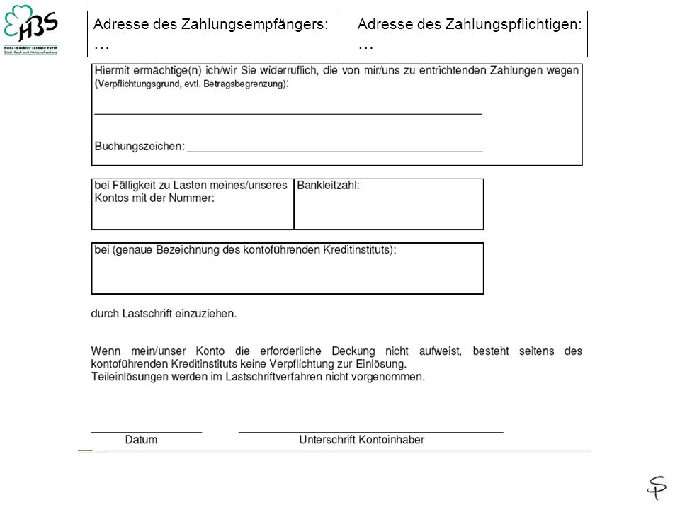 Adresse des Zahlungsempfängers: