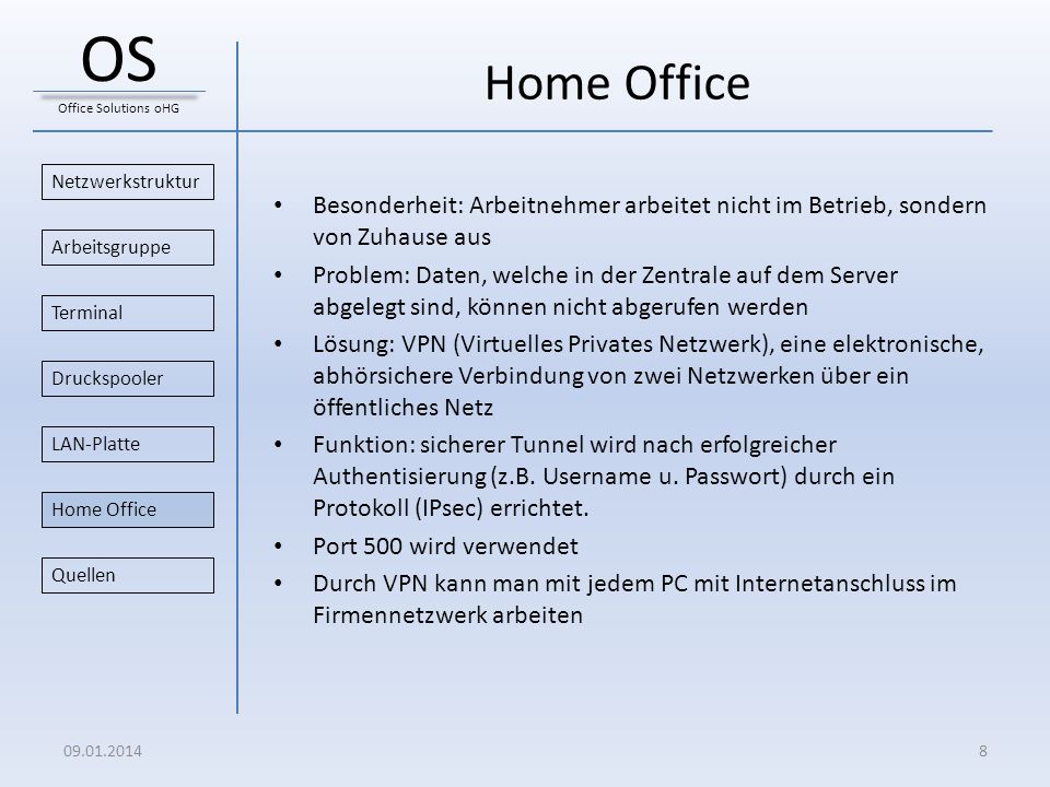 OS Office Solutions oHG. Home Office. Netzwerkstruktur. Besonderheit: Arbeitnehmer arbeitet nicht im Betrieb, sondern von Zuhause aus.