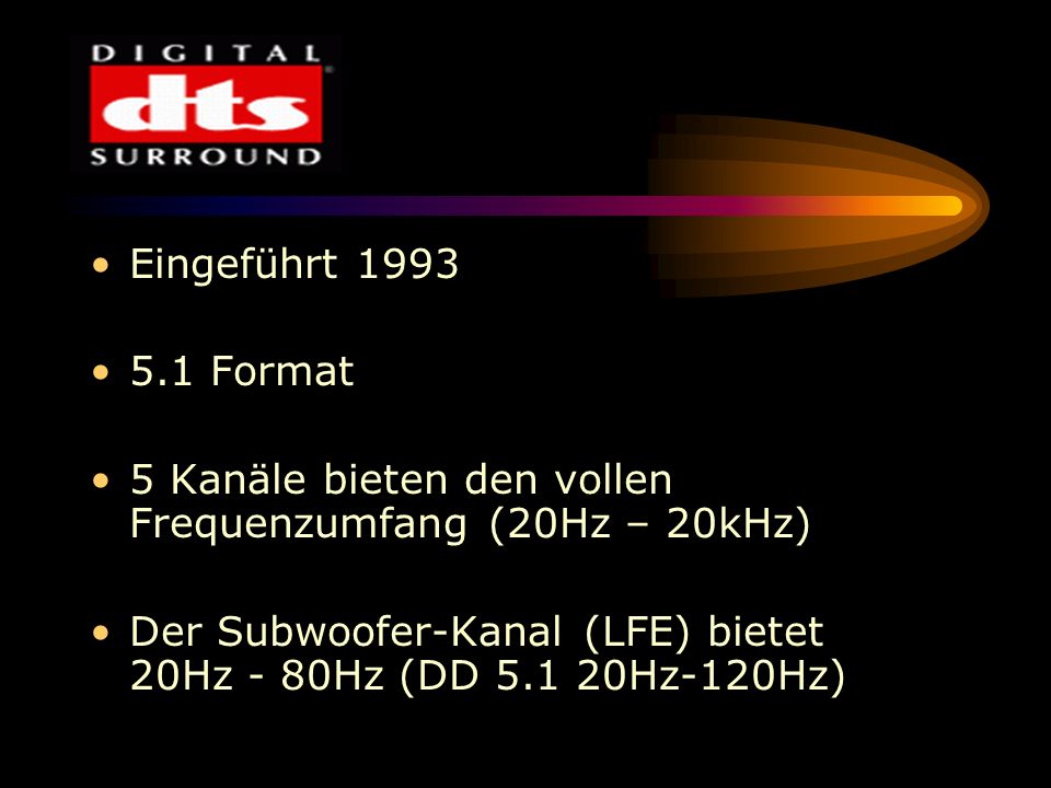 Eingeführt Format. 5 Kanäle bieten den vollen Frequenzumfang (20Hz – 20kHz)