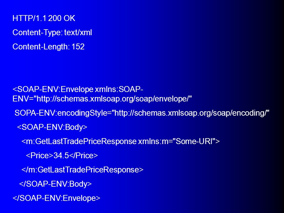 HTTP/ OK Content-Type: text/xml. Content-Length: 152. <SOAP-ENV:Envelope xmlns:SOAP-ENV=