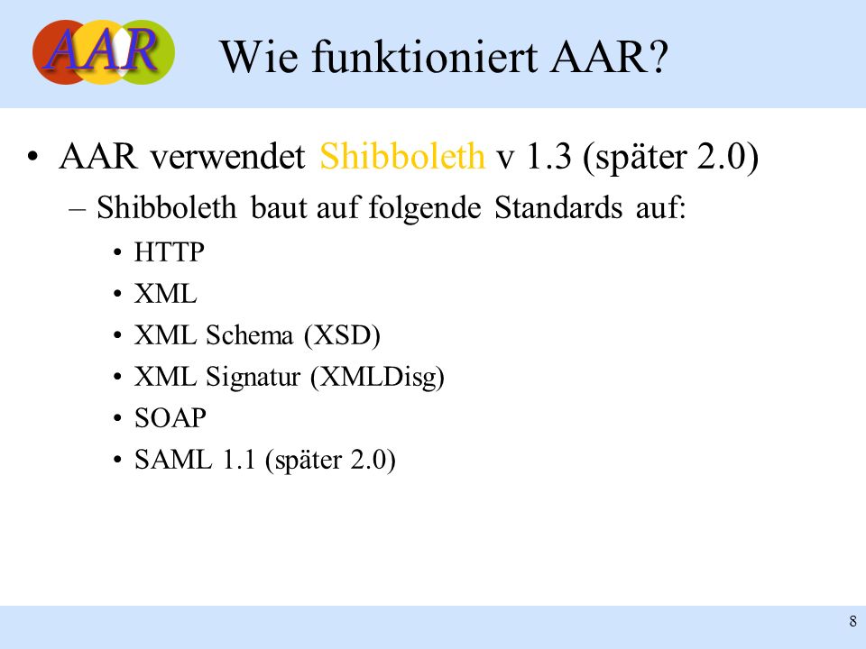 Wie funktioniert AAR AAR verwendet Shibboleth v 1.3 (später 2.0)