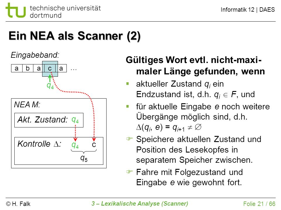 Ein NEA als Scanner (2) Eingabeband: Gültiges Wort evtl. nicht-maxi-maler Länge gefunden, wenn.