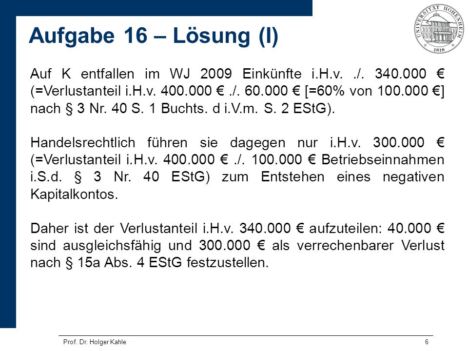 Auf K entfallen im WJ 2009 Einkünfte i. H. v. /. 340