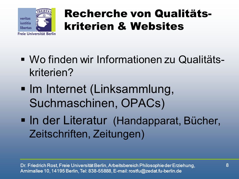 Recherche von Qualitäts-kriterien & Websites