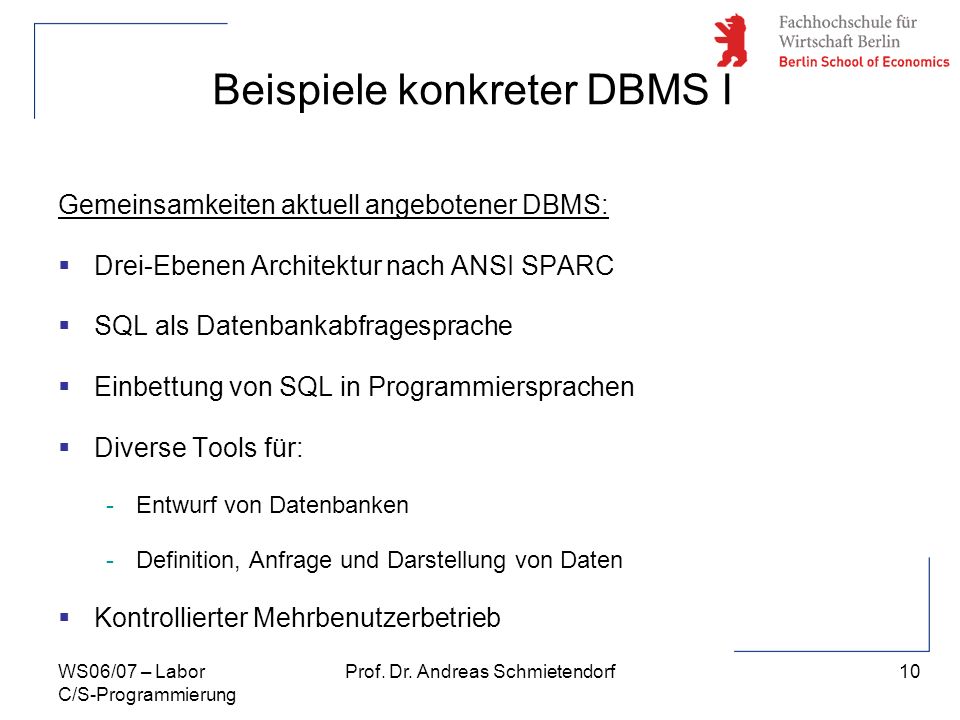 Beispiele konkreter DBMS I