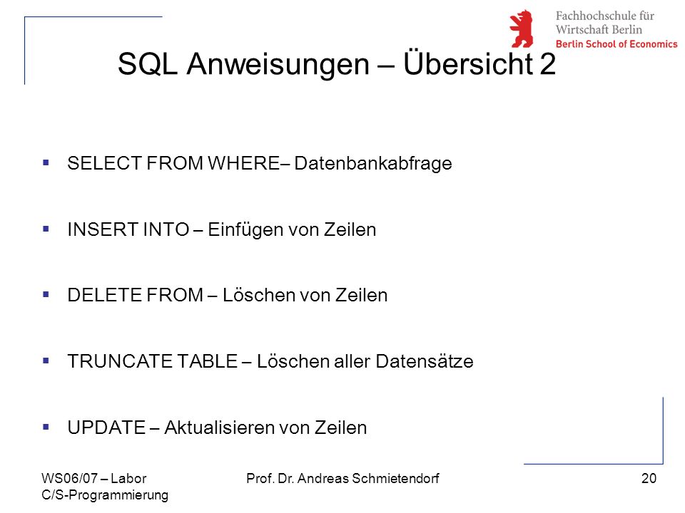 SQL Anweisungen – Übersicht 2