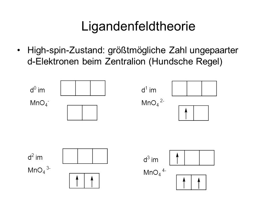 Ligandenfeldtheorie High-spin-Zustand: größtmögliche Zahl ungepaarter d-Elektronen beim Zentralion (Hundsche Regel)