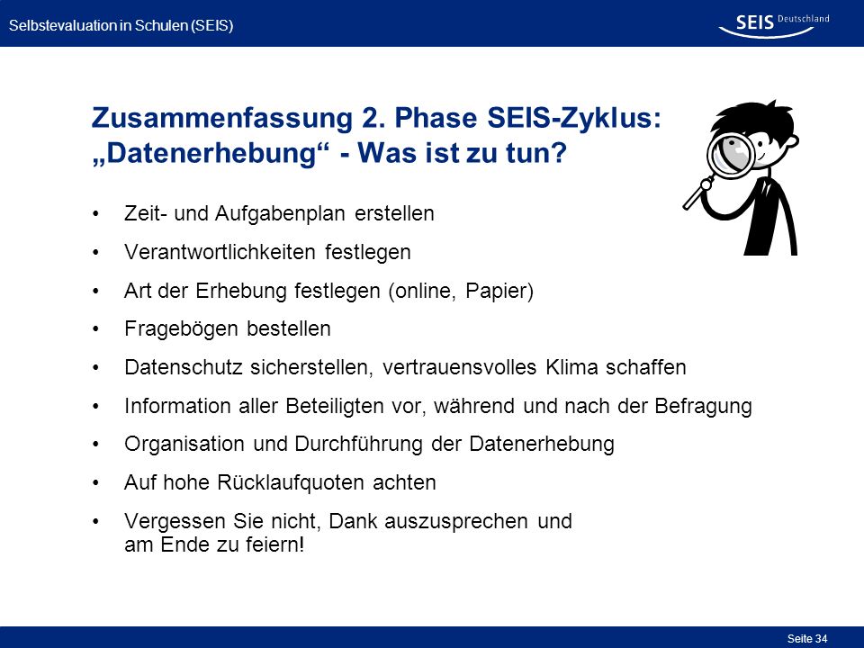 Zusammenfassung 2. Phase SEIS-Zyklus: „Datenerhebung - Was ist zu tun Zeit- und Aufgabenplan erstellen.