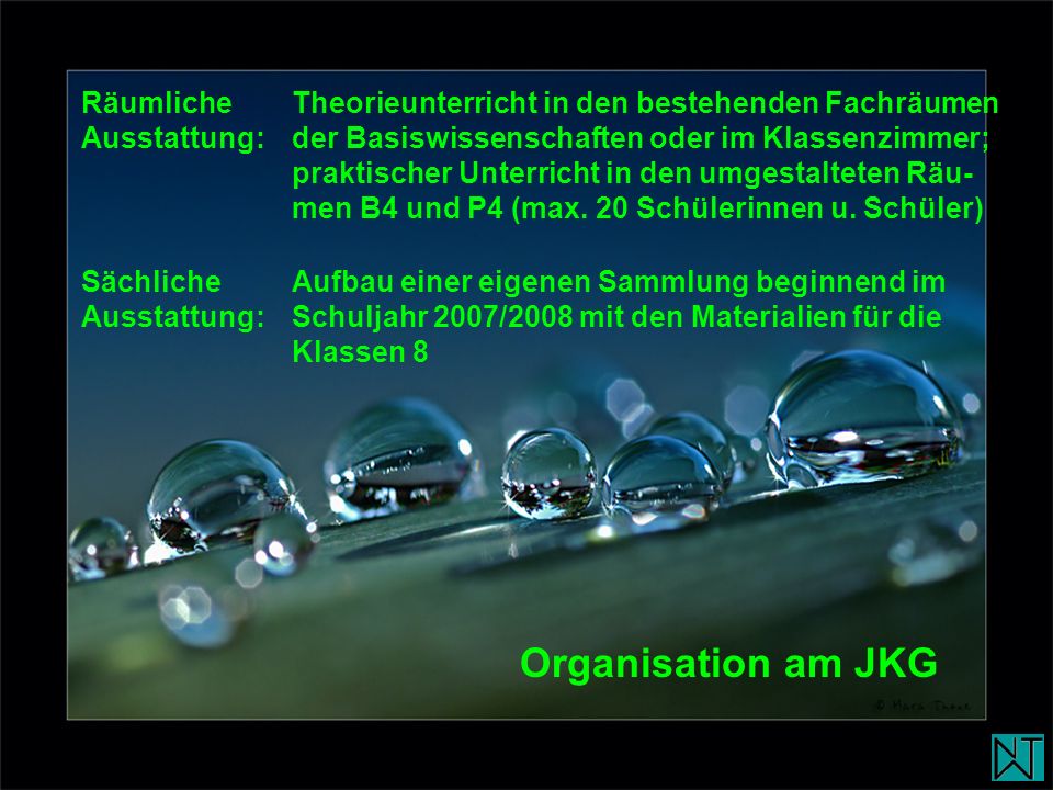 Räumliche Theorieunterricht in den bestehenden Fachräumen Ausstattung: der Basiswissenschaften oder im Klassenzimmer; praktischer Unterricht in den umgestalteten Räu- men B4 und P4 (max. 20 Schülerinnen u. Schüler)