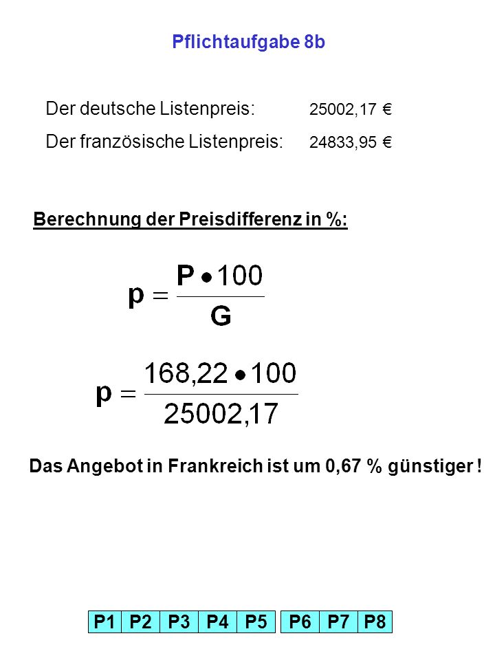 Pflichtaufgabe 8b Der deutsche Listenpreis: 25002,17 € Der französische Listenpreis: 24833,95 € Berechnung der Preisdifferenz in %: