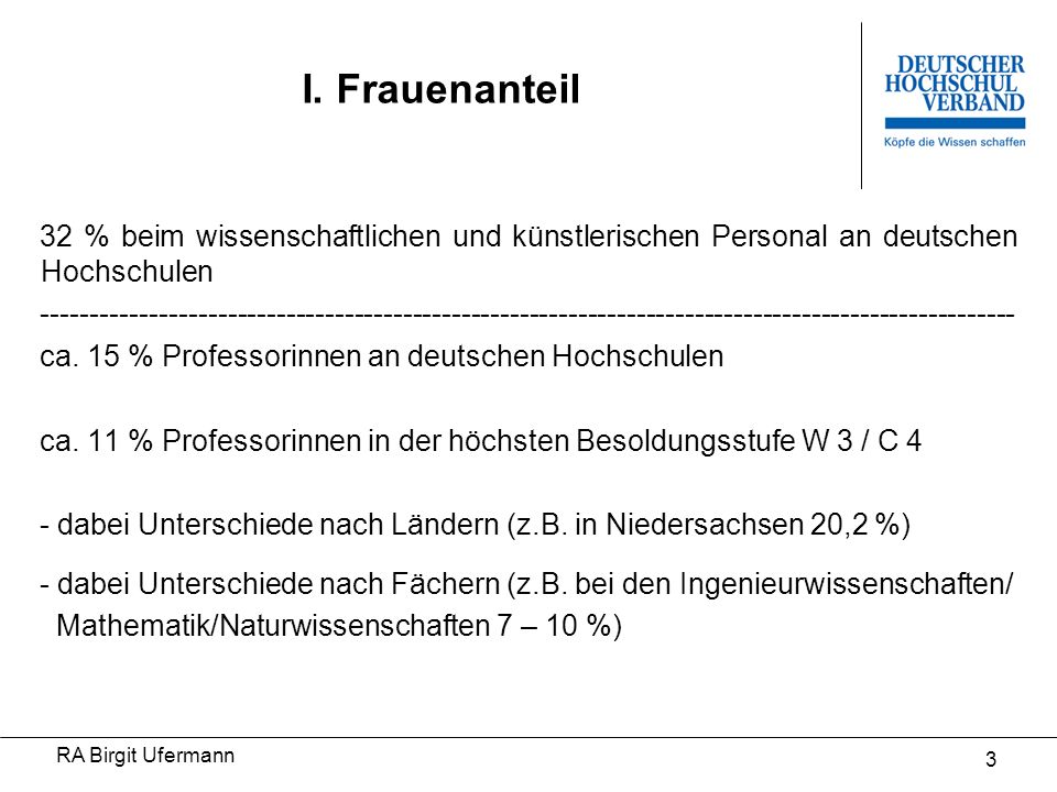 I. Frauenanteil 32 % beim wissenschaftlichen und künstlerischen Personal an deutschen Hochschulen.