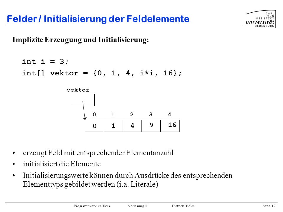 Felder / Initialisierung der Feldelemente