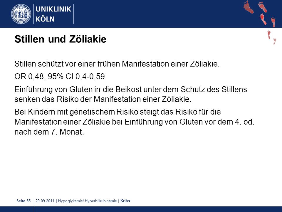 Stillen und Zöliakie Stillen schützt vor einer frühen Manifestation einer Zöliakie. OR 0,48, 95% CI 0,4-0,59.