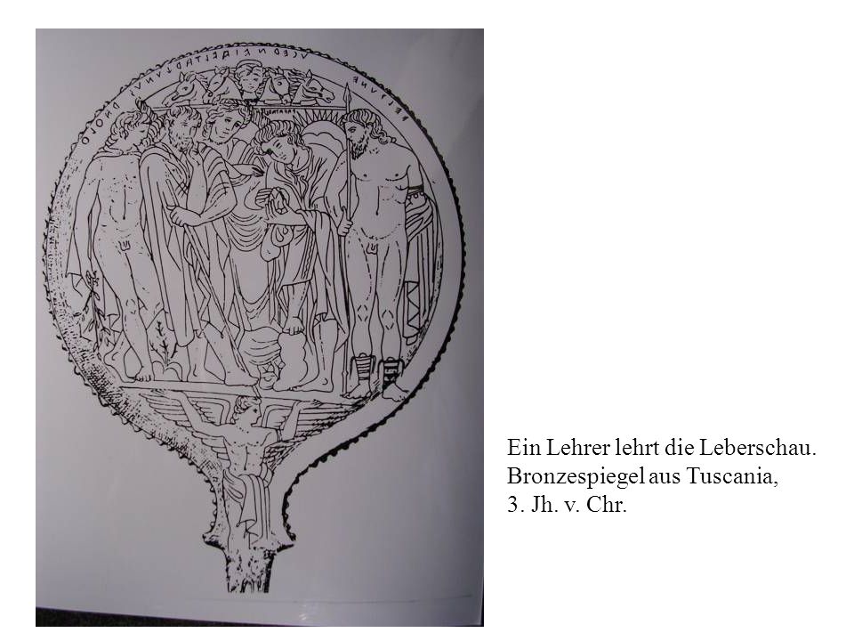 Ein Lehrer lehrt die Leberschau. Bronzespiegel aus Tuscania, 3. Jh. v