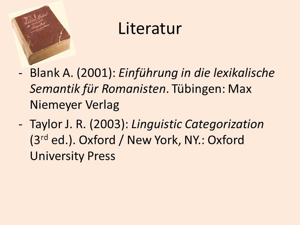 Literatur Blank A. (2001): Einführung in die lexikalische Semantik für Romanisten. Tübingen: Max Niemeyer Verlag.