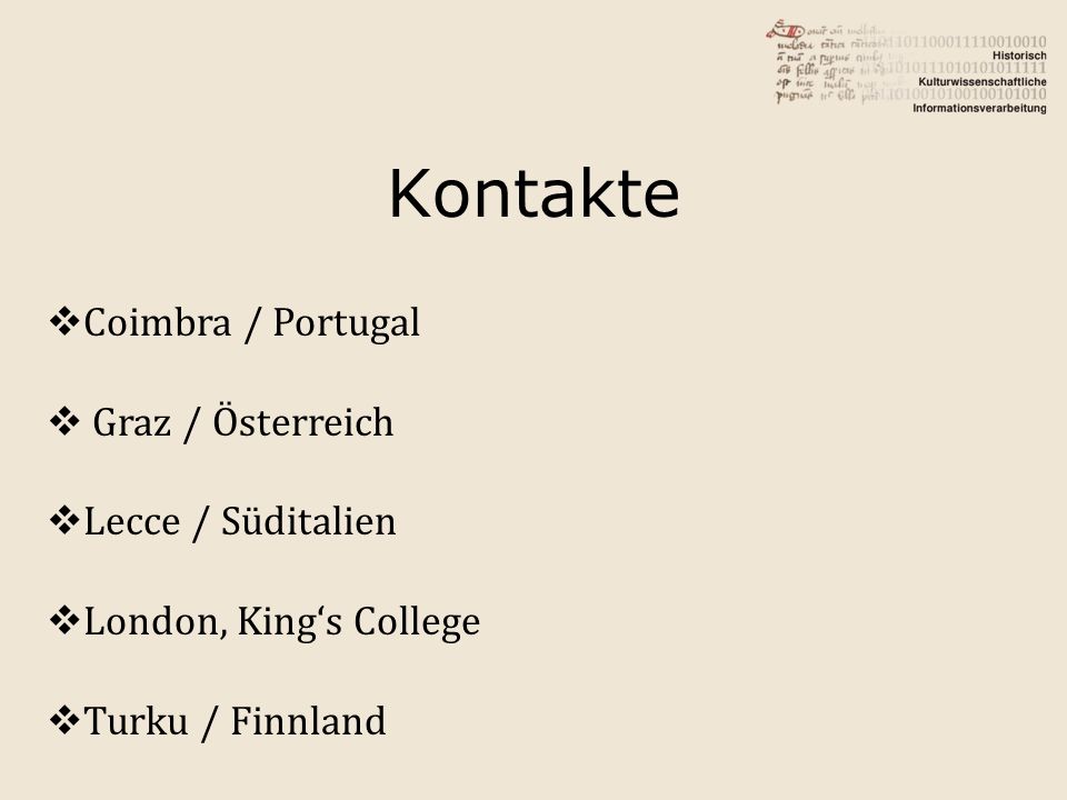Kontakte Coimbra / Portugal Graz / Österreich Lecce / Süditalien
