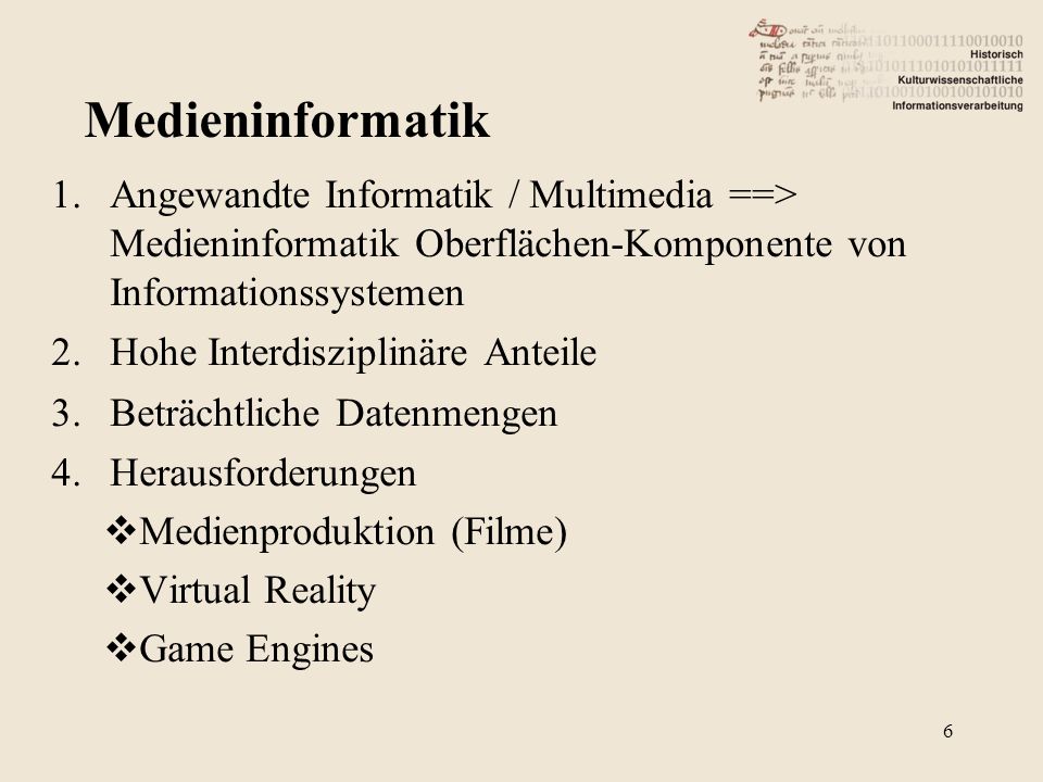 Medieninformatik Angewandte Informatik / Multimedia ==> Medieninformatik Oberflächen-Komponente von Informationssystemen.
