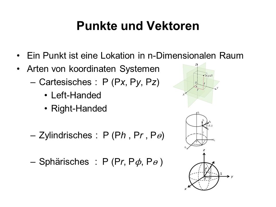 Punkte und Vektoren Ein Punkt ist eine Lokation in n-Dimensionalen Raum. Arten von koordinaten Systemen.
