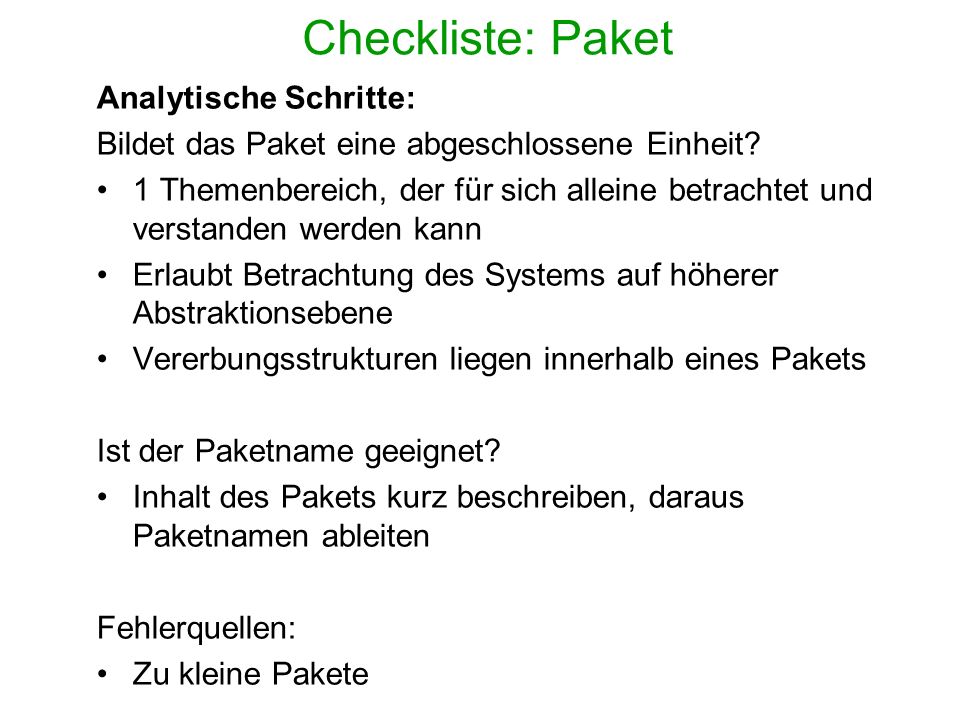Checkliste: Paket Analytische Schritte: