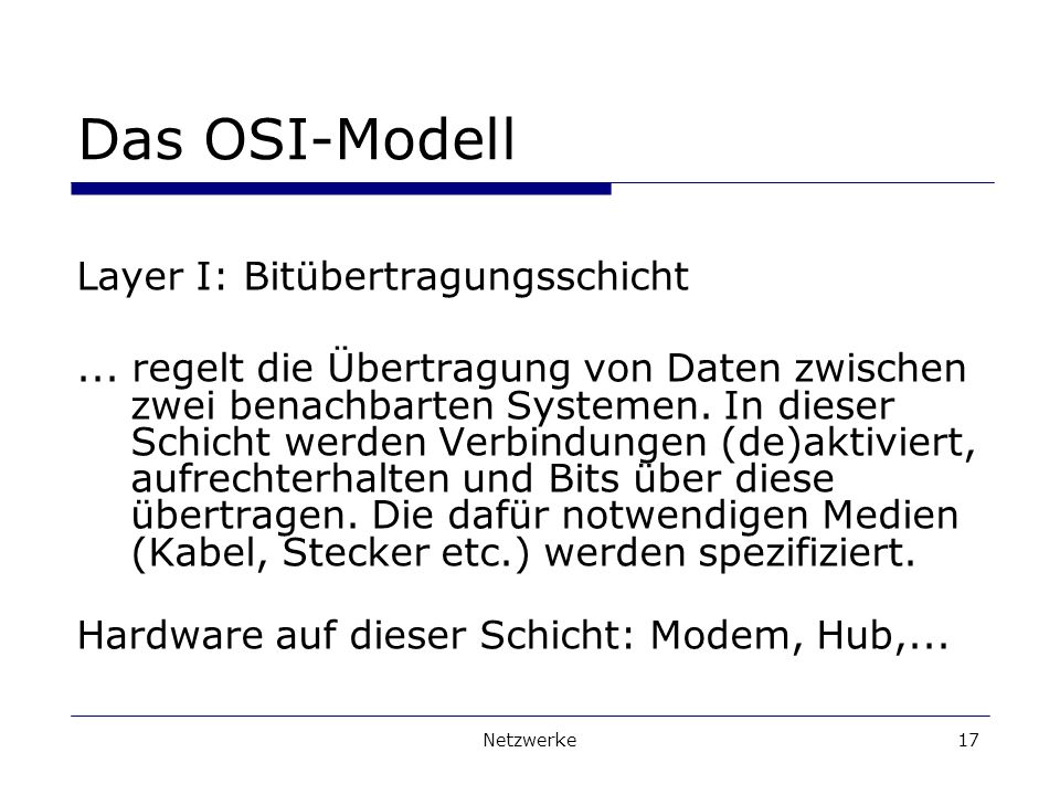 Das OSI-Modell Layer I: Bitübertragungsschicht