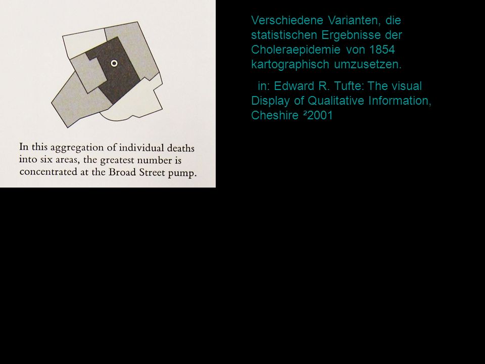 Verschiedene Varianten, die statistischen Ergebnisse der Choleraepidemie von 1854 kartographisch umzusetzen.