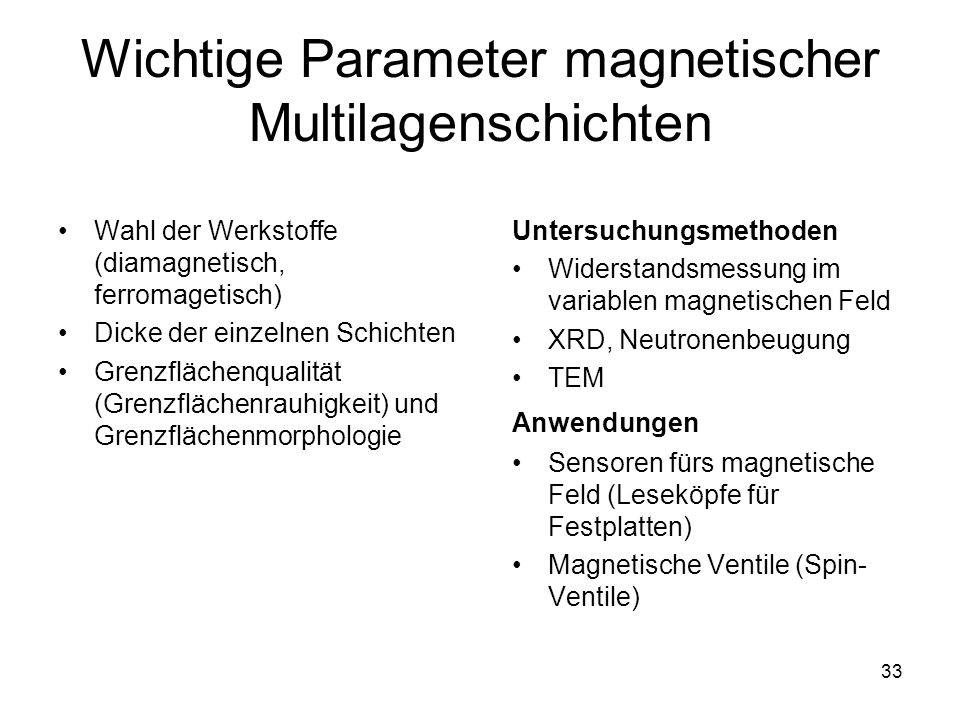 Wichtige Parameter magnetischer Multilagenschichten