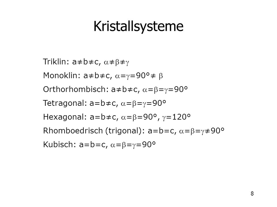 Kristallsysteme Triklin: a≠b≠c, ≠≠ Monoklin: a≠b≠c, ==90°≠ 
